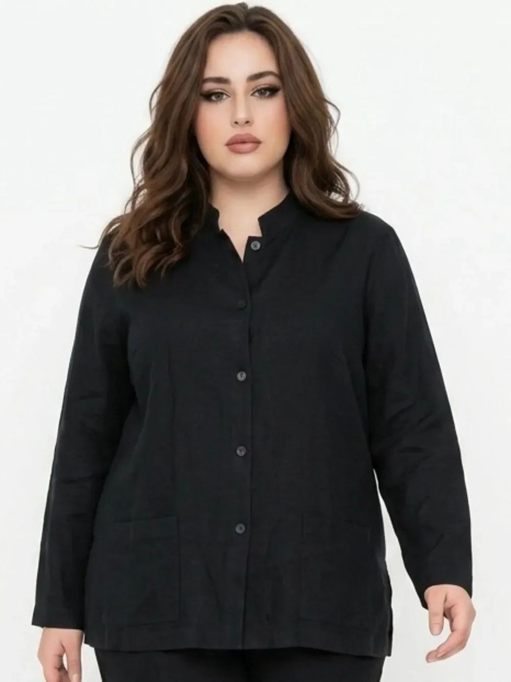 EILEEN FISHER | Linen Black Shirt Jacket Button Front Stand Up Collar Women’s 1X
